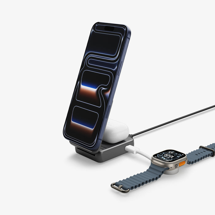 ACH10399 - 2-in-1 Magnetic Wireless Charger | EF302MOQ (Mag Fit) in Black showing front with charging and watch