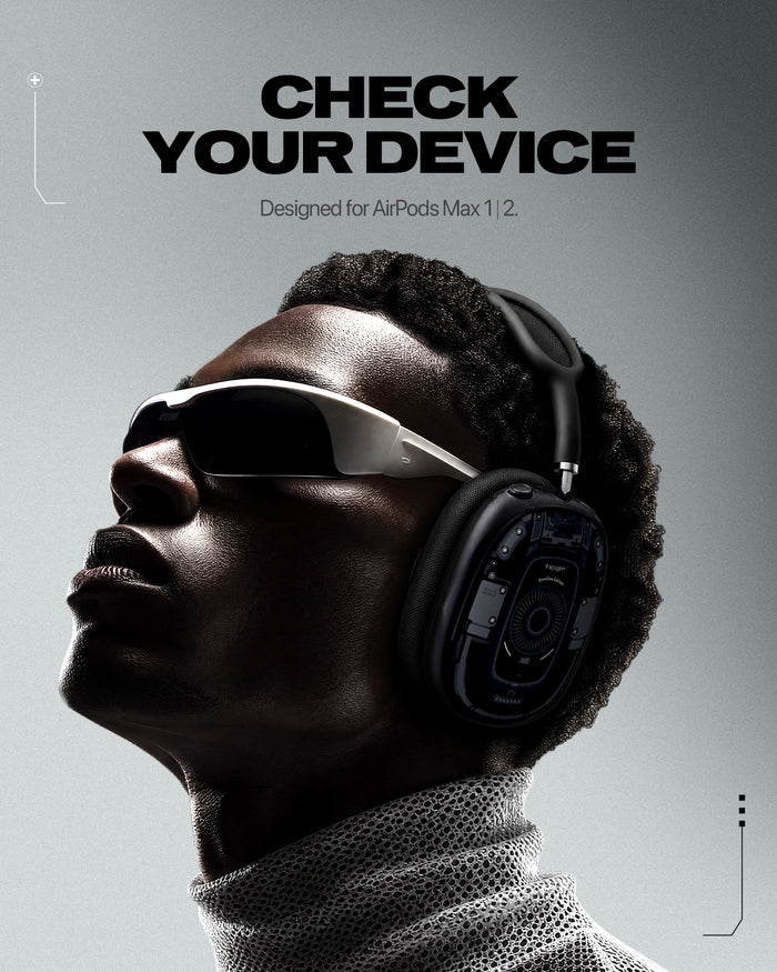 ACS05592 - Airpods Max Series Ultra Hybrid Pro Zero One showing person wearing AirPods Max with Ultra Hybrid Zero One case featuring teardown internal print design