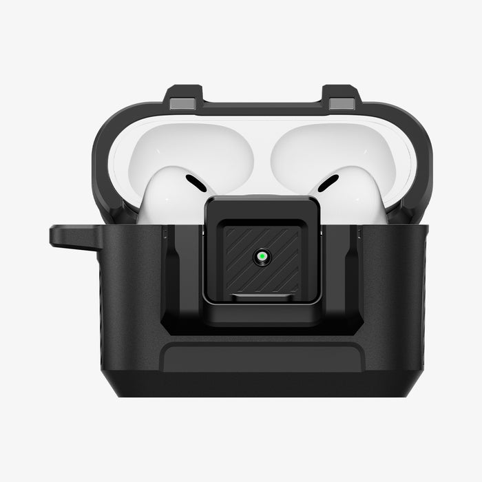 ACS09825 - AirPods Pro 3 Lock Fit in Matte Black showing the front with top open and AirPods inside