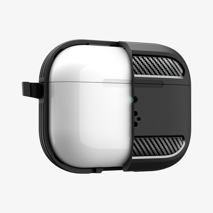 ACS09822 - AirPods Pro 3 Rugged Armor in Matte Black showing the front partially cut open in half