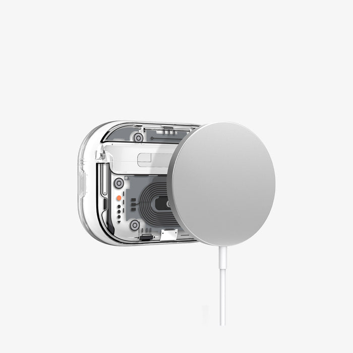 ACS09824 - AirPods Pro 3 Series Ultra Hybrid Neo One (MagFit) showing back with magsafe charger hovering away from AirPods