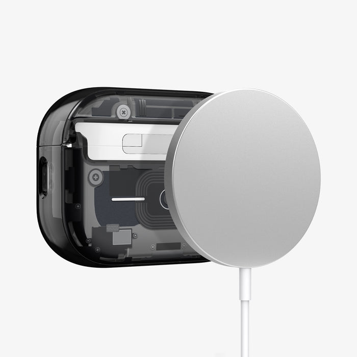 ACS09823 - AirPods Pro 3 Series Ultra Hybrid Zero One (MagFit) in Zero One Black showing back with magsafe charger hovering away from AirPods
