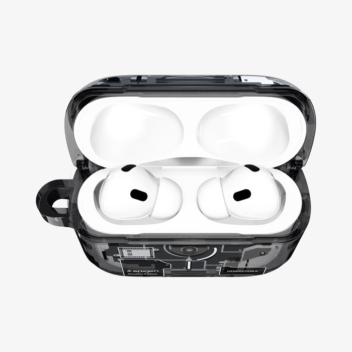 ACS09823 - AirPods Pro 3 Series Ultra Hybrid Zero One (MagFit) in Zero One Black showing the front with top open and AirPods inside