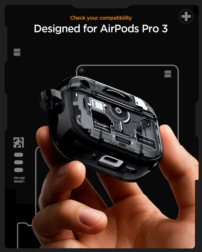 ACS09823 - AirPods Pro 3 Series Ultra Hybrid Zero One (MagFit) in Zero One Black showing check your compatibility. Designed for airpods pro 3