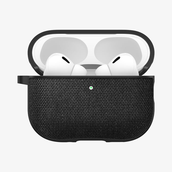 ACS11196 - AirPods Pro 3 Series Urban Fit in Matte Black showing the front with top open and AirPods inside