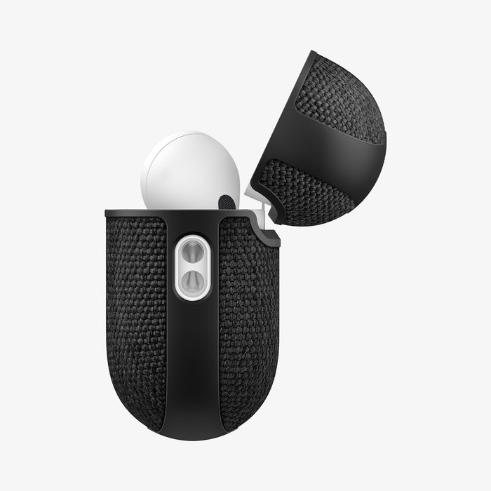 ACS11196 - AirPods Pro 3 Series Urban Fit in Matte Black showing the side with top open and AirPods inside
