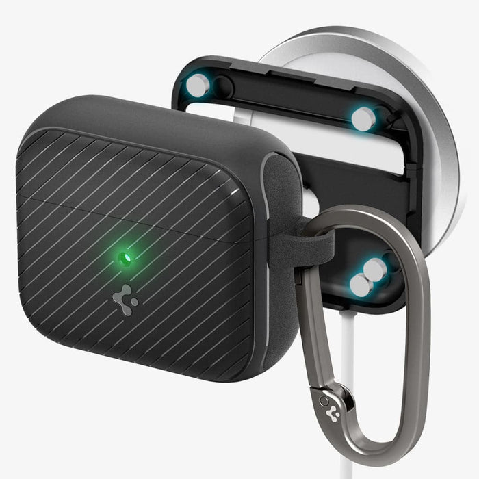 ACS03644 - Airpods 3 Mag Armor in black showing front, inside with magnets, and magsafe charging stand