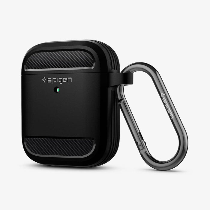 ASD01117 - Apple AirPods 1 / 2 Case Rugged Armor in matte black showing the front with carabiner