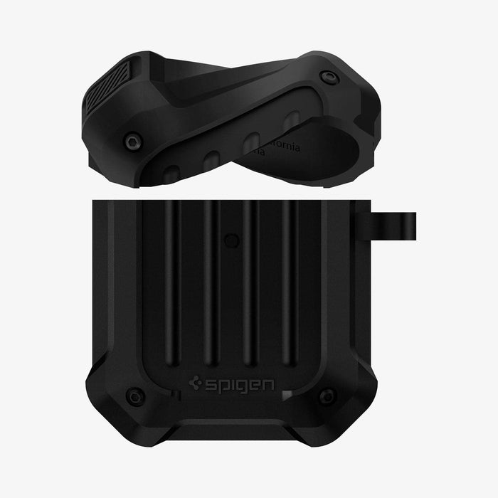 074CS26497 - Apple AirPods 1 / 2 Case Tough Armor in black showing the front with top half of case bending and hovering above the bottom half
