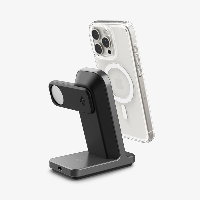 AMP06527 - Apple 3-in-1 Stand S318W in Gunmetal showing the front of a stand with a device hovering above it