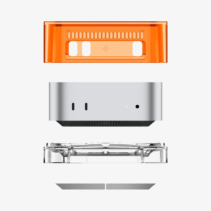 ACS09212 - Apple Mac Mini Stand Classic C1 in Tangerine showing the multiple layers of stand hovering below mac mini