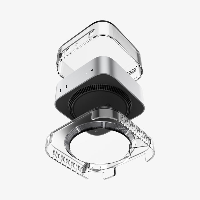 ACS09210 - Apple Mac Mini Stand | Ultra Hybrid in Crystal Clear showing the bottom with apple mac mini hovering above stand