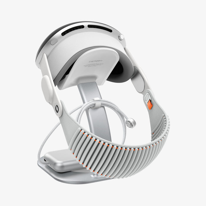 AGP08664 - Apple Vision Pro Stand DR110 in White showing the back and partial bottom with device attached