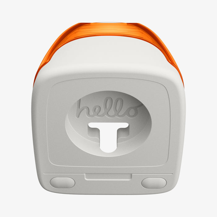 AMP09342 - Apple Watch Classic C1 Charger Stand in tangerine showing front with hello word inside.