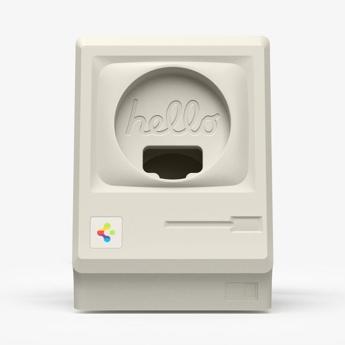 AMP11668 - Apple Watch Classic LS Charger Stand classic Macintosh inspired charger stand with retro computer details and circular charging cable opening.