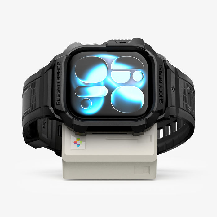 AMP11668 - Apple Watch Classic LS Charger Stand watch rests across the front of the compact charger stand with a retro computer inspired design.