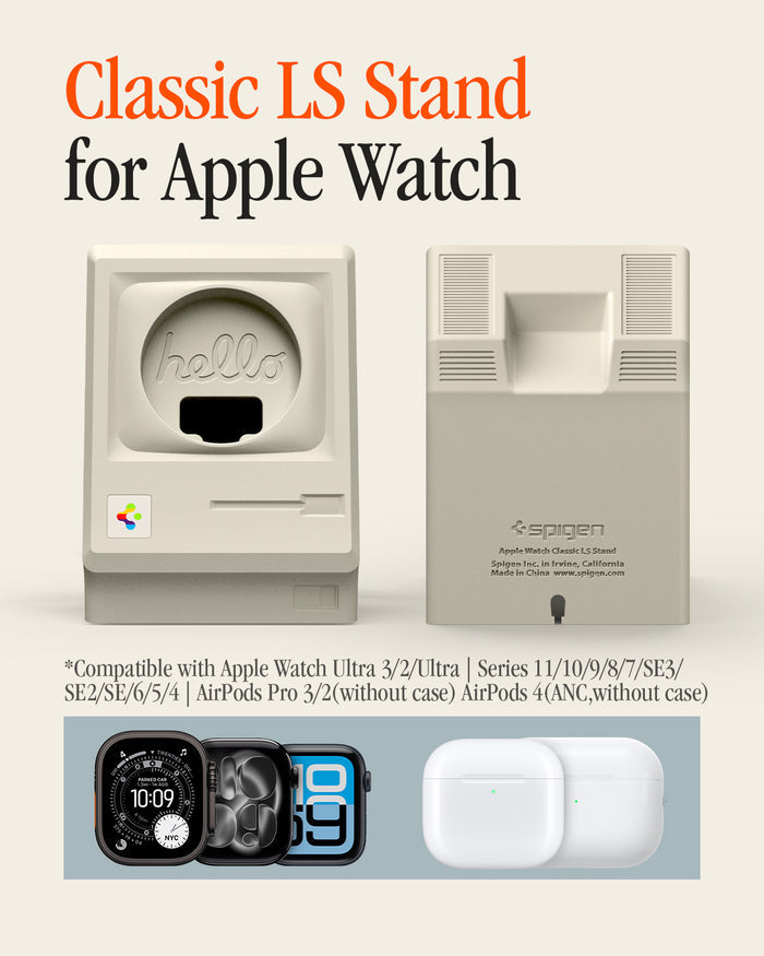 AMP11668 - Apple Watch Classic LS Charger Stand charger stand shown from the front and back with compatibility examples for watches and wireless earbuds.