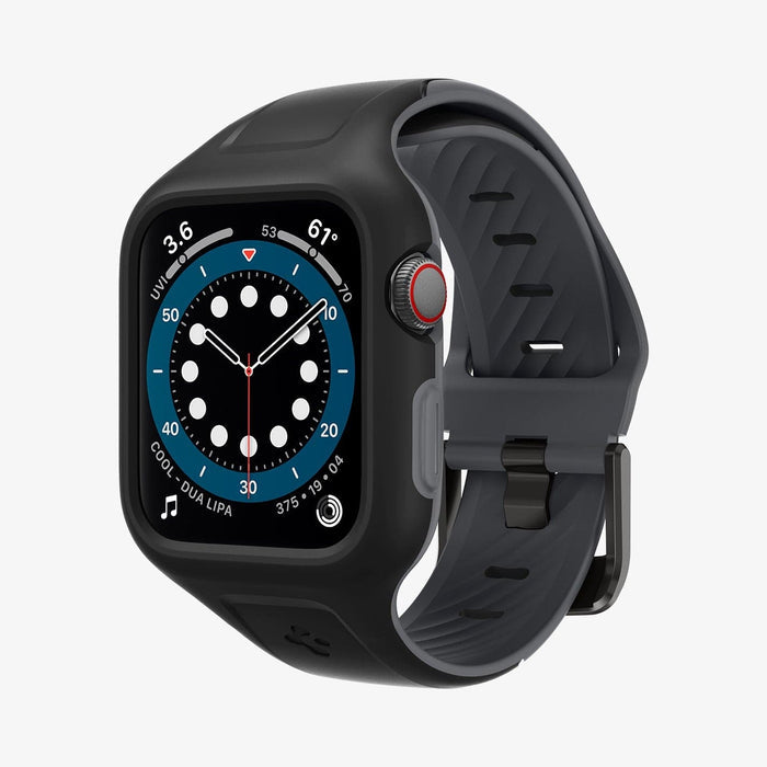 AMP02007 - Apple Watch Series (44mm) Case Liquid Air Pro in black showing the front and partial inside of band