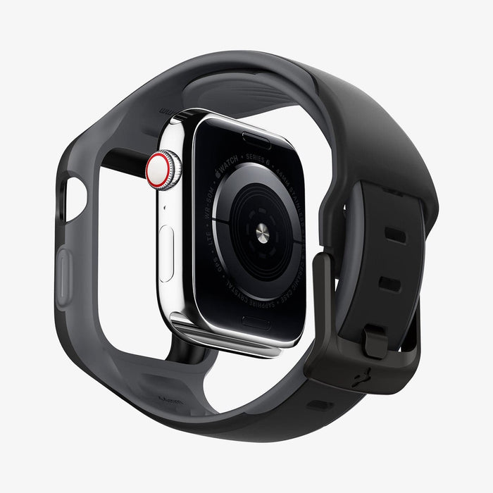 AMP02007 - Apple Watch Series (44mm) Case Liquid Air Pro in black showing the back with watch face hovering away from band