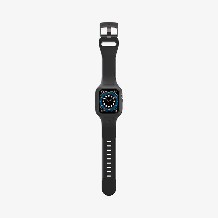 AMP02007 - Apple Watch Series (44mm) Case Liquid Air Pro in black showing the front with watch band laid out flat