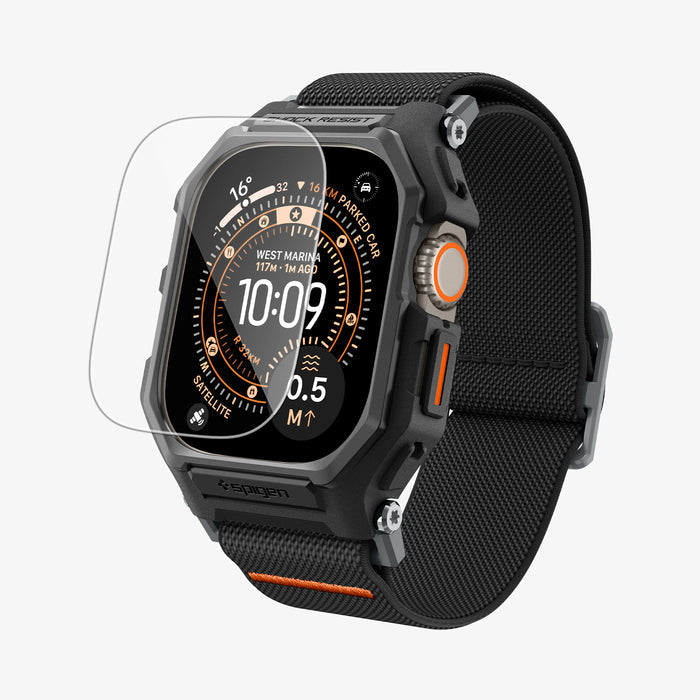 ACS11415 - Angled front view of Spigen Lite Fit Pro Apple Watch Ultra case with screen protector being applied and orange stitched nylon band
