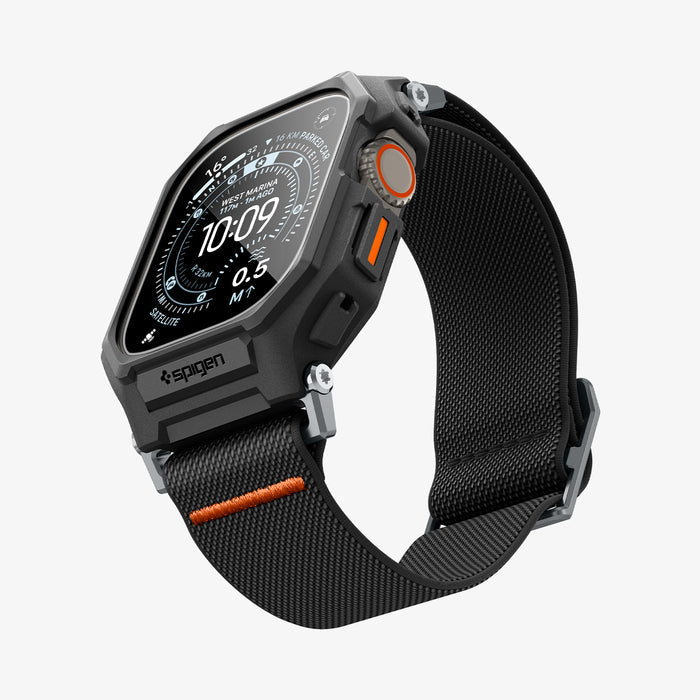 ACS11415 - Three-quarter front view of Spigen Lite Fit Pro Apple Watch Ultra case in black with orange stitched nylon band and Digital Crown accent