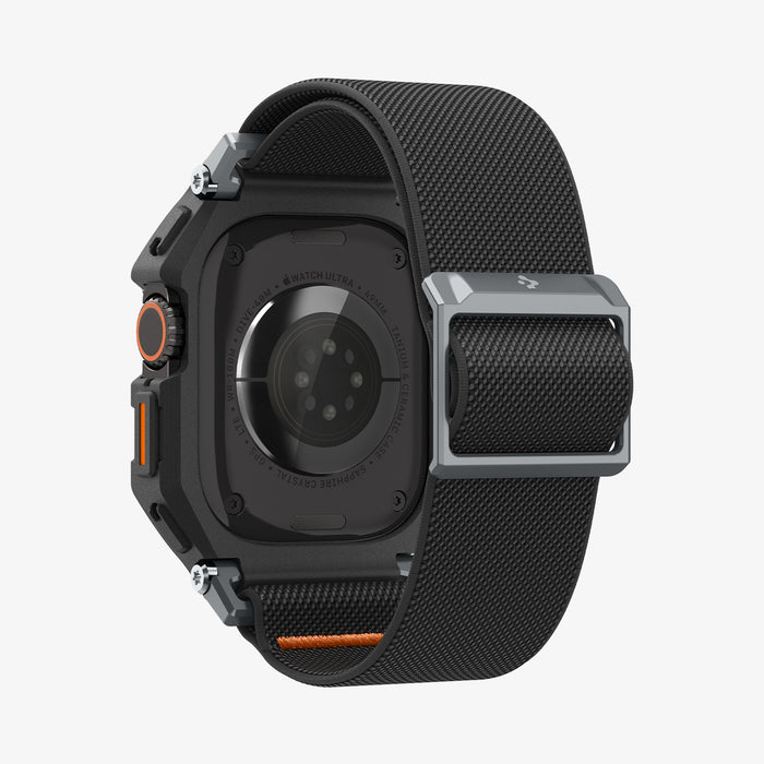 ACS11415 - Three-quarter back view of Spigen Lite Fit Pro Apple Watch Ultra case showing sensor cutout and nylon band with metal clasp and orange stitching