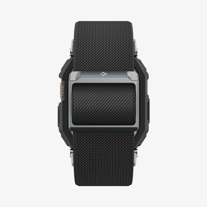 ACS11415 - Straight-on back view of Spigen Lite Fit Pro Apple Watch Ultra case showing Spigen logo and black nylon band clasp