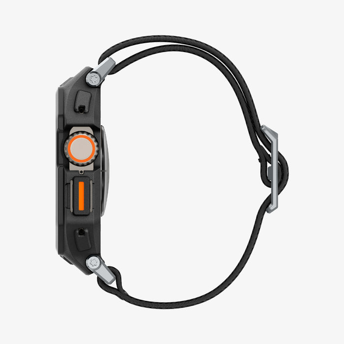 ACS11415 - Left side profile of Spigen Lite Fit Pro Apple Watch Ultra case highlighting Digital Crown cutout and Action Button accent in orange