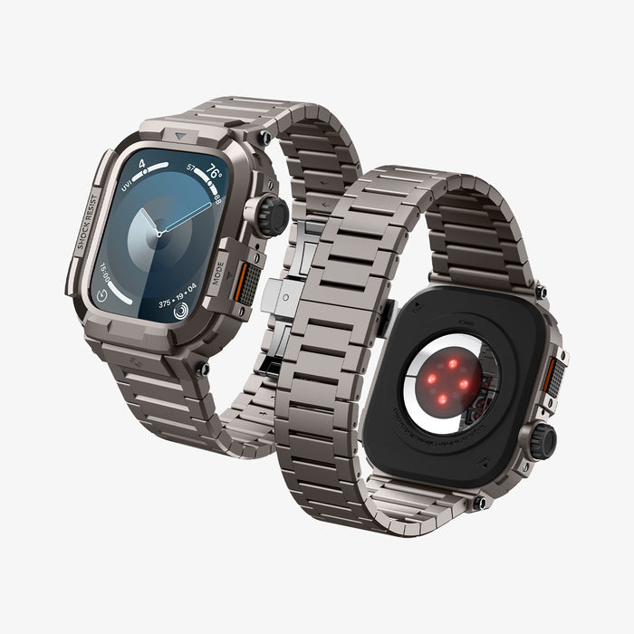 ACS07660 - Apple Watch (45mm) Case Metal Armor Pro in Gunmetal showing the front, partial sides and back of both apple watches