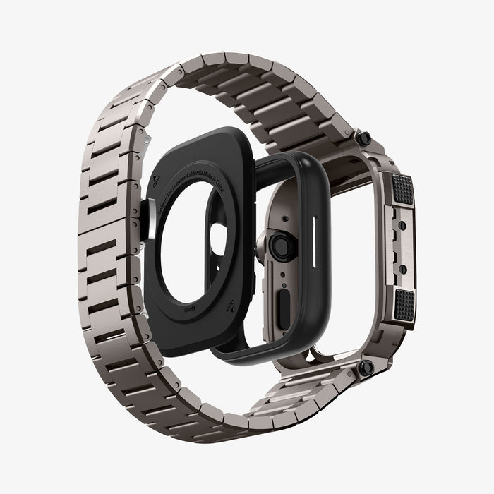 ACS07660 - Apple Watch (45mm) Case Metal Armor Pro in Gunmetal showing the back, apple watch head detached from the case hovering under the case