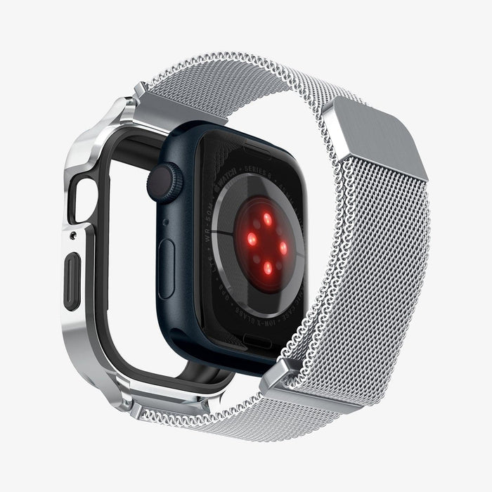 ACS04584 - Apple Watch Series (Apple Watch (45mm)) Case Metal Fit Pro in silver showing the back with watch face hovering away from band