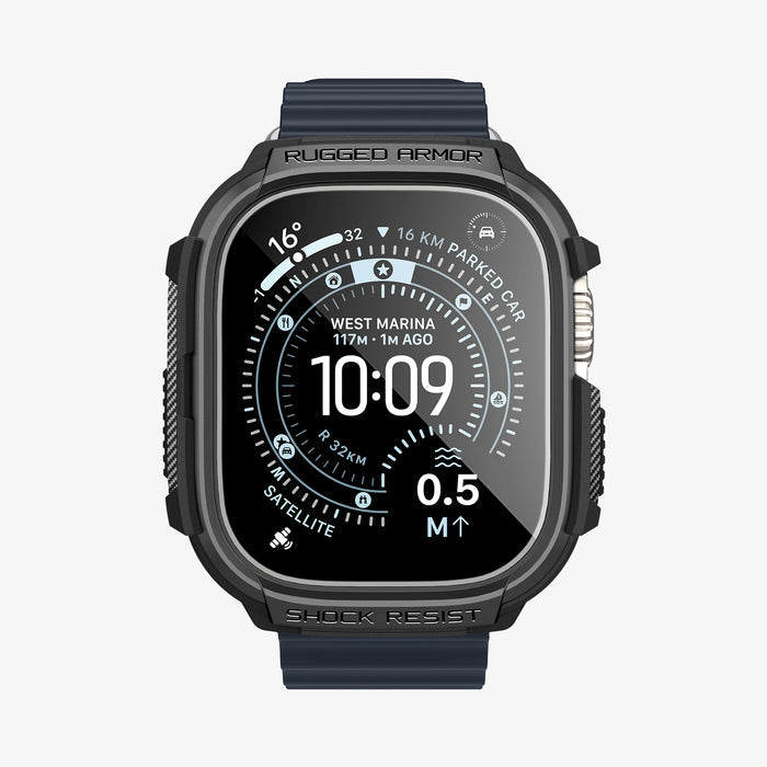 ACS11414 - Straight-on front view of Spigen Rugged Armor Apple Watch Ultra case displaying Rugged Armor and Shock Resist engravings with carbon fiber accents