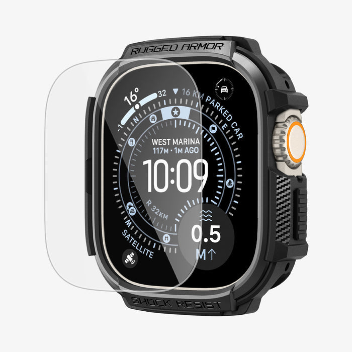 ACS11414 -  Front angled view of Spigen Rugged Armor Apple Watch Ultra case with screen protector overlay showing full display coverage