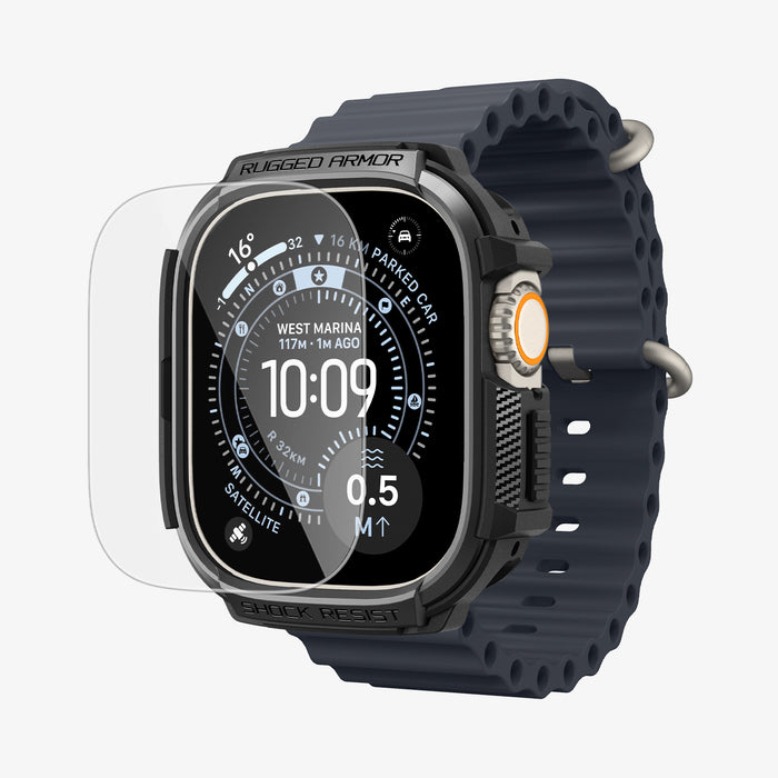 ACS11414 - Angled view of Spigen Rugged Armor Apple Watch Ultra case with screen protector being applied, black Band attached