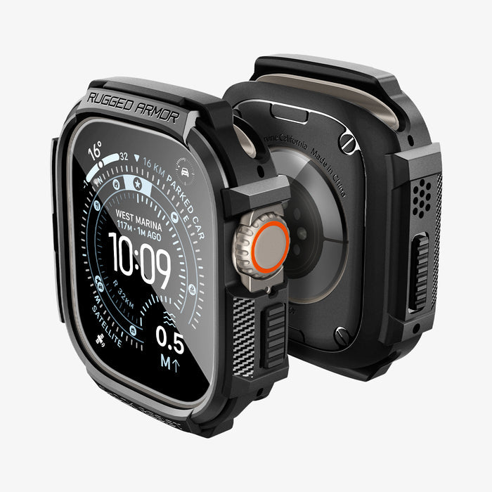 ACS11414 - Exploded view of Spigen Rugged Armor Apple Watch Ultra case with screen protector film floating in front and back case detail visible