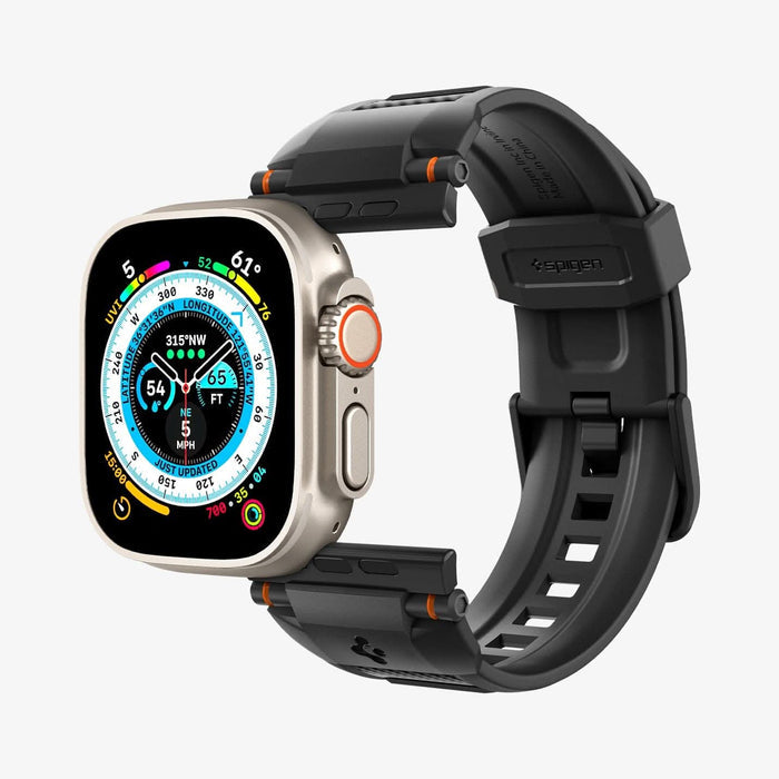AMP07105 - Apple Watch (49mm) Rugged Ultra Band in Matte Black showing the watch face hovering in front of watch band