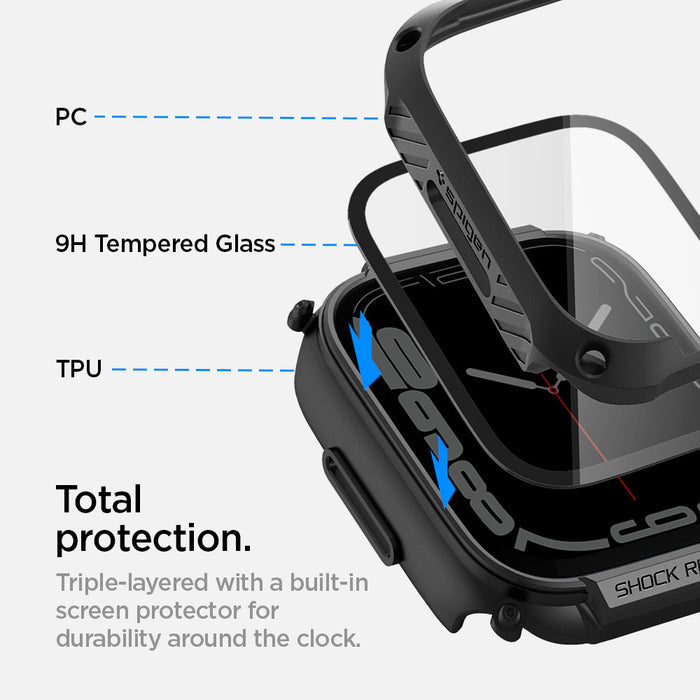 ACS04183 - Apple Watch Series (45mm) Case Tough Armor in black has total protection. Triple-layered called PC, 9H tempered glass, TPU with a built in screen protector for durability around the clock.