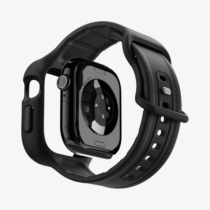 ACS09391 - Apple Watch 10 (46mm) Case Vault Pro in Matte Black showing the back of the watch face detached, hovering under the band, showing partial inner and back bottom