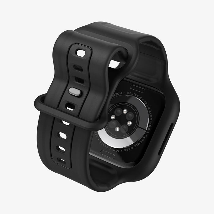 ACS09391 - Apple Watch 10 (46mm) Case Vault Pro in Matte Black showing the back partial inner and bottom band partially curled