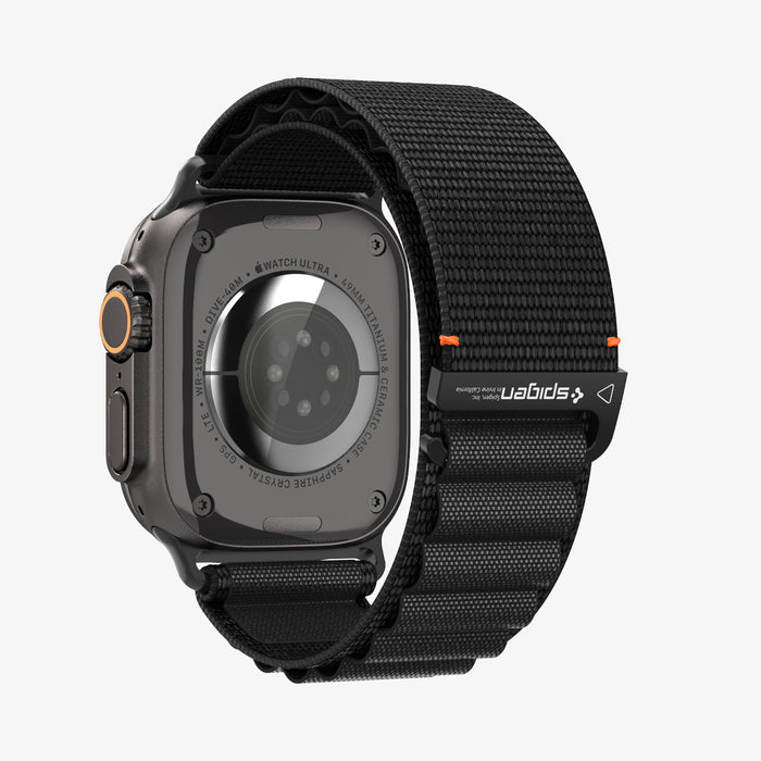 AMP10144 - Apple Watch Ultra (49mm) WBF1 in Black showing the back and partial side of the watch head and back of the strap locked