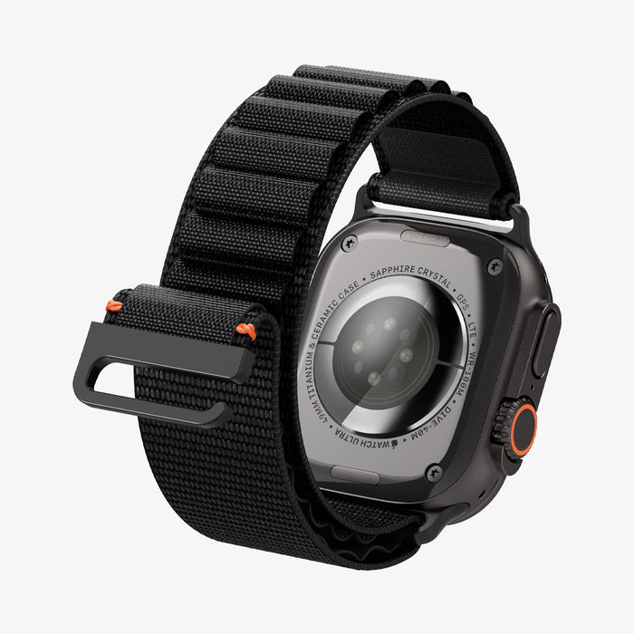 AMP10144 - Apple Watch Ultra (49mm) WBF1 in Black showing the back of the watch head, back of the strap unlocked
