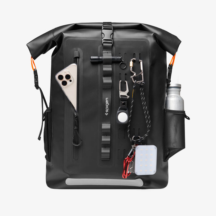 AMP07875 - AquaShield Waterproof Backpack A650 in Black showing the front with multiple items inserted and attached
