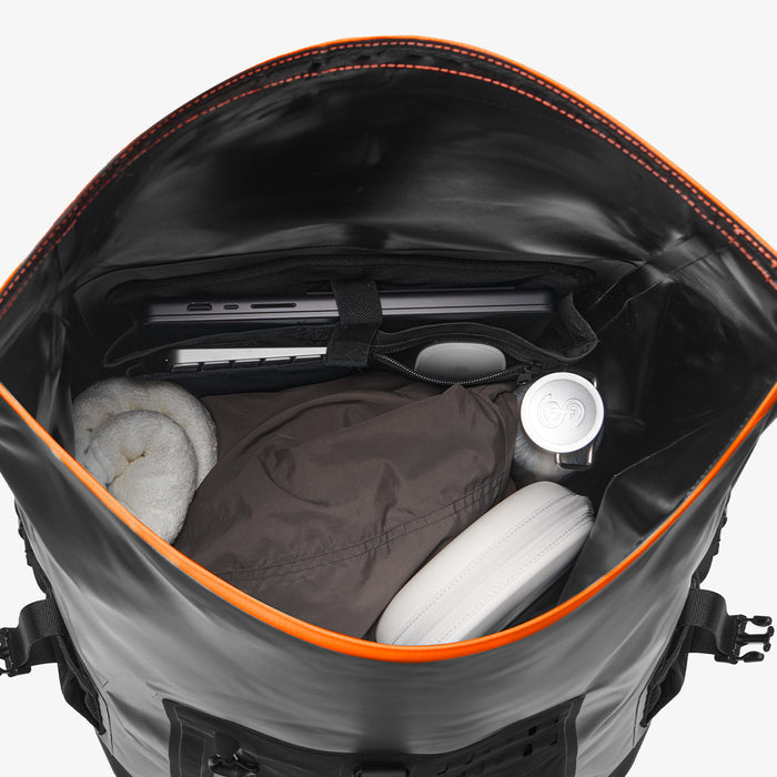 AMP07875 - AquaShield Waterproof Backpack A650 in Black showing the inner with multiple items inside