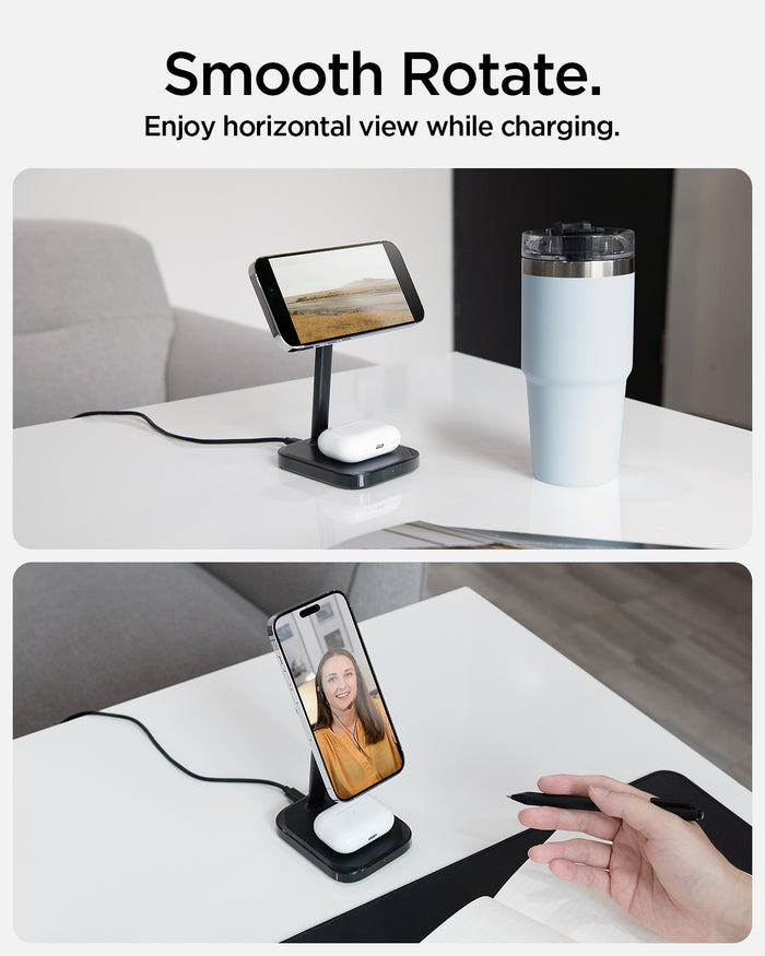 ACH08937 - ArcField™ Magnetic Wireless Charger Stand | PF2402 (MagFit) in Black showing the smooth rotate. Enjoy horizontal view while charging