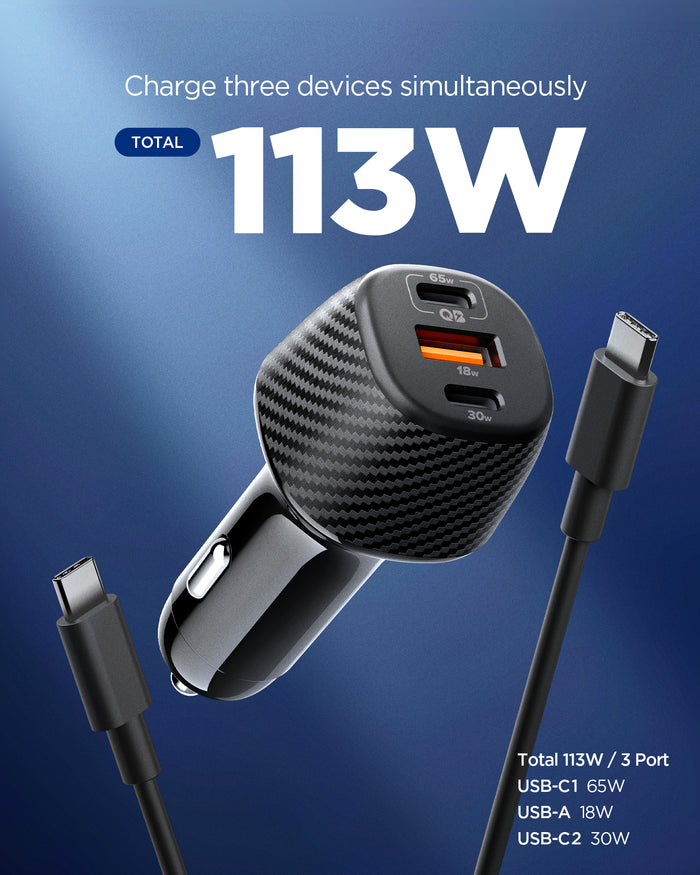 ACP09543 - ArcStation™  Essential 113W USB C Fast Car Charger | EV1133 showing a black carbon-fiber-textured car charger with three ports (65W USB-C, 18W USB-A, 30W USB-C) and two USB-C cables, labeled "Total 113W" for charging three devices simultaneousl