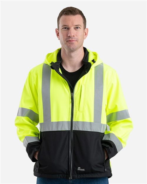 Berne Apparel HVJS206 Men's Hi-Vis Class 3 Hooded Soft Shell Jacket