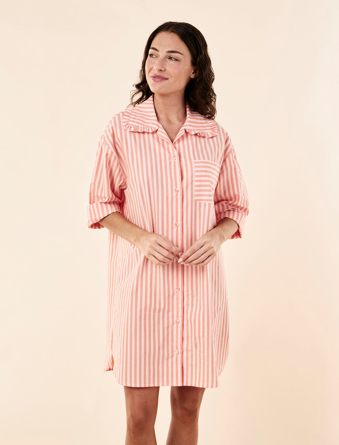 Annabelle wearing the Butterscotch Stripe Nightshirt
[model: Annabelle wears size S |  Height: 170cm
/ 5’7” | Bust: 79cm | Waist: 61cm | Hips: 89cm]
