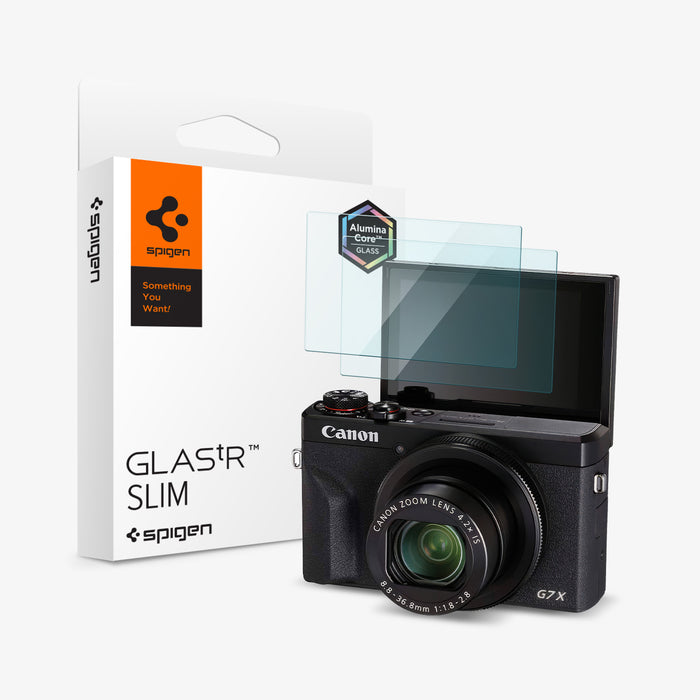 AGL11652 - PowerShot G7 X Mark III Glas.tR SLIM showing Canon PowerShot G7 X Mark III with Spigen Glas.tR Slim screen protector    and Alumina Core glass badge alongside retail packaging and two tempered glass films