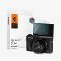 AGL11652 - PowerShot G7 X Mark III Glas.tR SLIM showing Canon PowerShot G7 X Mark III with Spigen Glas.tR Slim screen protector    and Alumina Core glass badge alongside retail packaging and two tempered glass films